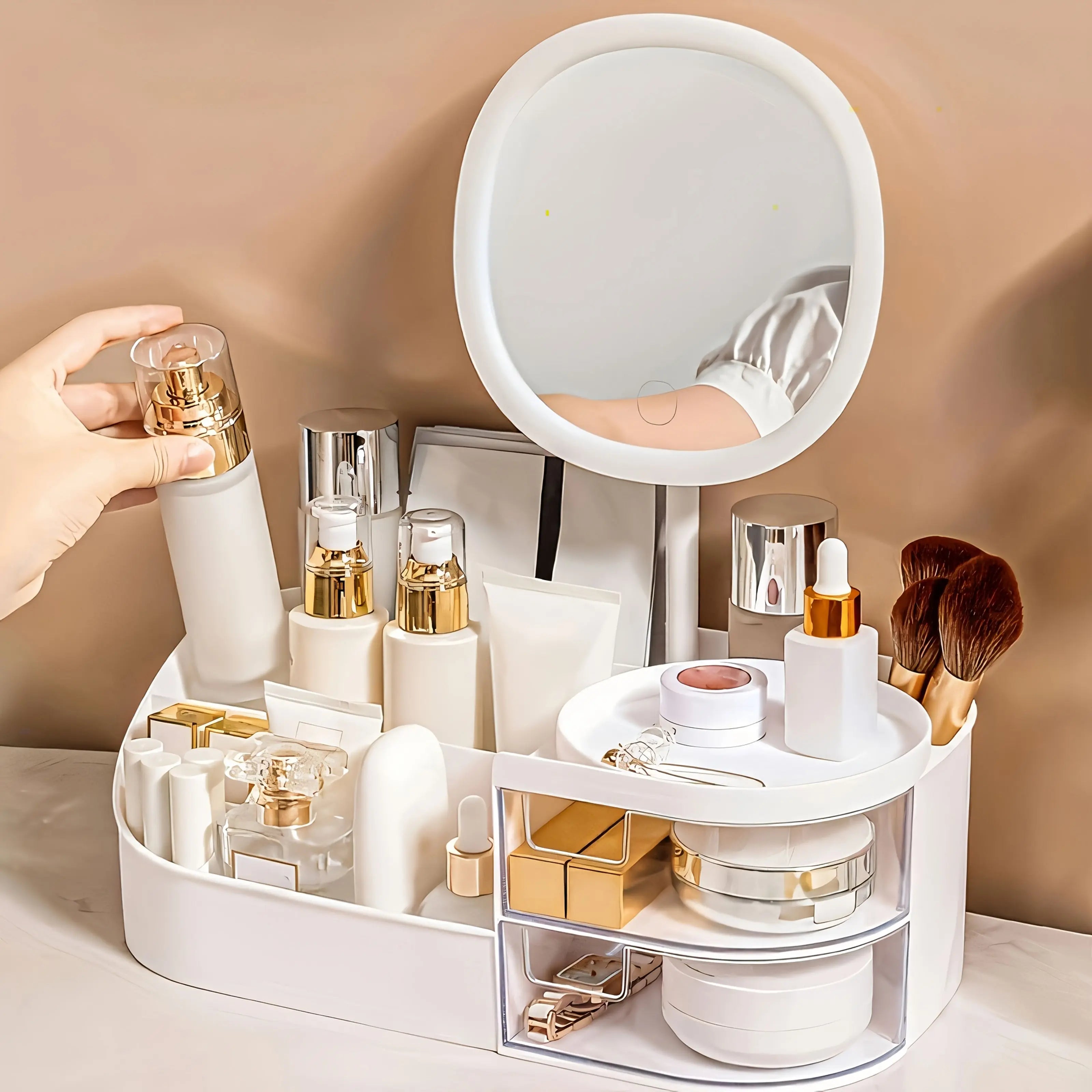 1 Cosmetic Storage Box with Mirror, Two Transparent Drawers, 5 Compartments, Equipped with LED Three-color Light Mirror, Very Suitable for Storing Lipsticks, Perfumes, Foundation Brushes, Face Masks, Multi-functional Dressing Avivanastore