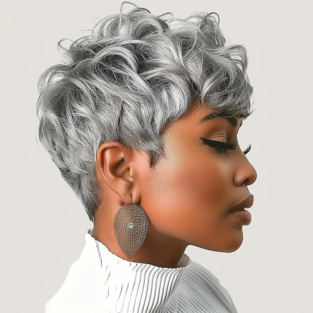 Short Curly Pixie Cut Wigs for with Bangs - Heat Resistant Synthetic Hair, 180% Density Curly Wave, Rose Net Cap, Natural Look Daily Wear & Special Occasions, Short Hair Wig