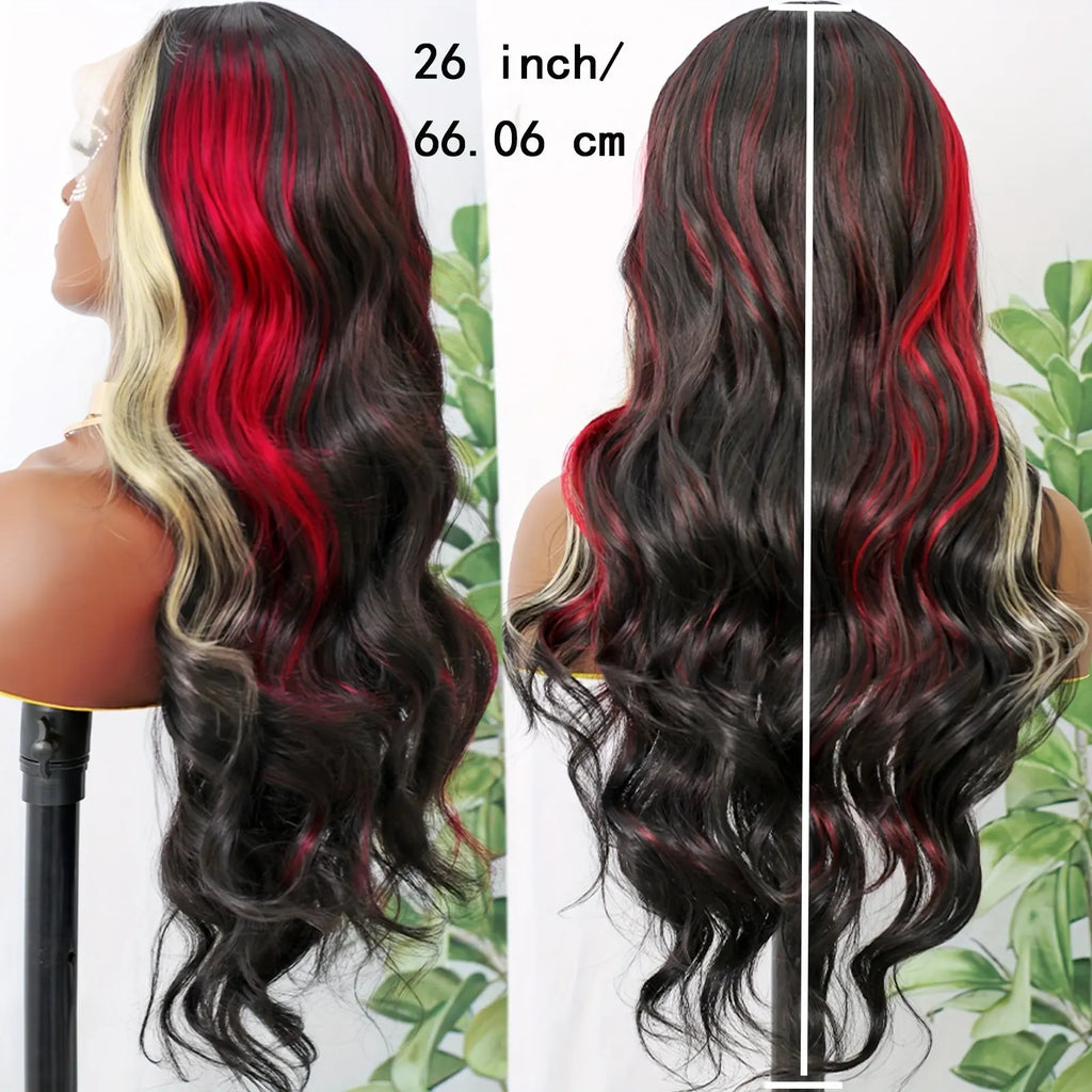 13*4 Lace front wig Skunk Stripe Wigs Black Red Blonde Highlights Wig Body Wavy Lace Front Glueless Curly Wig Black Blonde Burgundy Synthetic Lace Front Wigs for Women