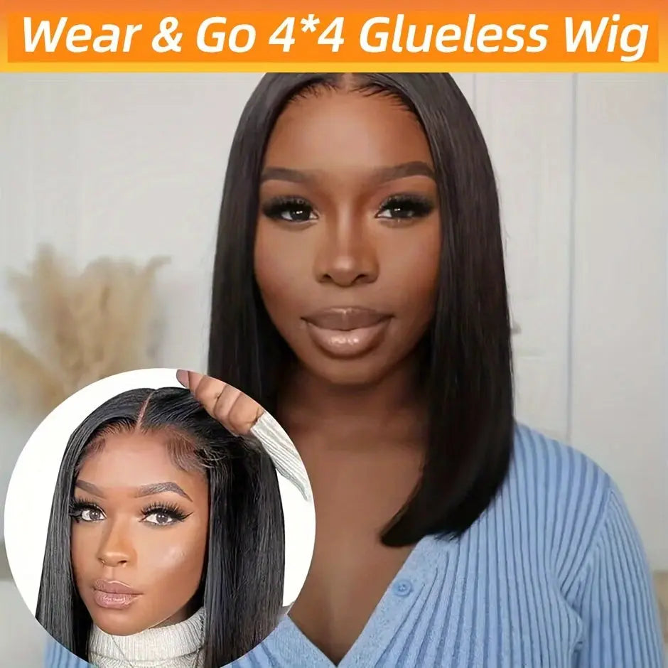 Wear & Go Glueless Bob Wig Human Hair 4x4 HD Lace Front Closure - 200% Density 's Straight Hair System with Pre-Plucked Hairline & 3D Technology (No Glue/Bond) | Instant Volume, Short Bob Cut Wigs