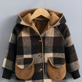 Boys' Long Sleeve Plaid Fleece-Lined Jacket with Button Front & Pockets - Cozy Fall/Winter Warmth, Casual Cardigan Collar, Brown/ Tartan Pattern, Machine Washable For Outdoor Play & Casual Attire, Winter Jacket For Boys, Fall Avivanastore