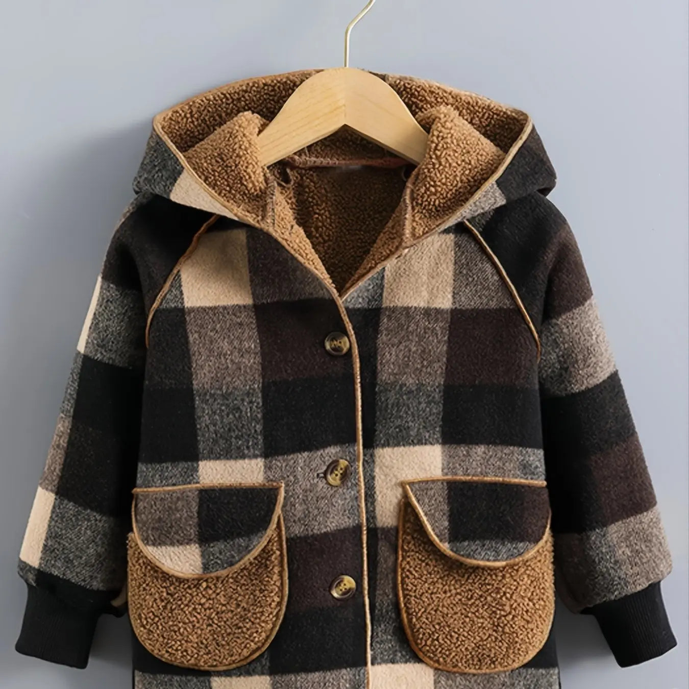 Boys' Long Sleeve Plaid Fleece-Lined Jacket with Button Front & Pockets - Cozy Fall/Winter Warmth, Casual Cardigan Collar, Brown/ Tartan Pattern, Machine Washable For Outdoor Play & Casual Attire, Winter Jacket For Boys, Fall Avivanastore