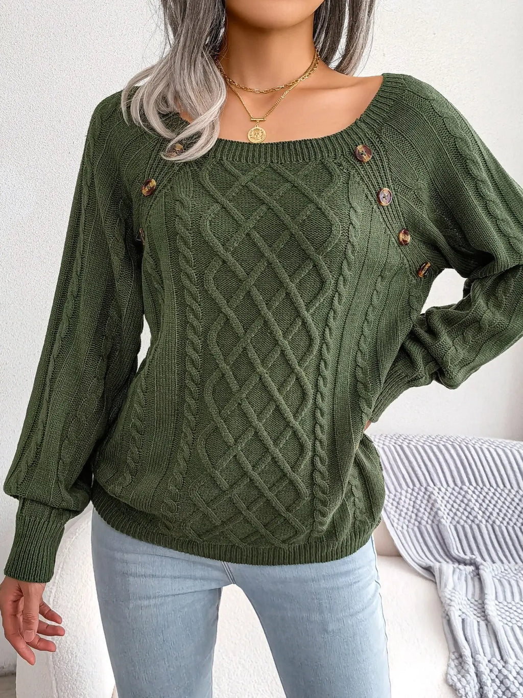 Texture Button Lantern Sleeve Sweater - Women's Round Neck Sweater Avivanastore