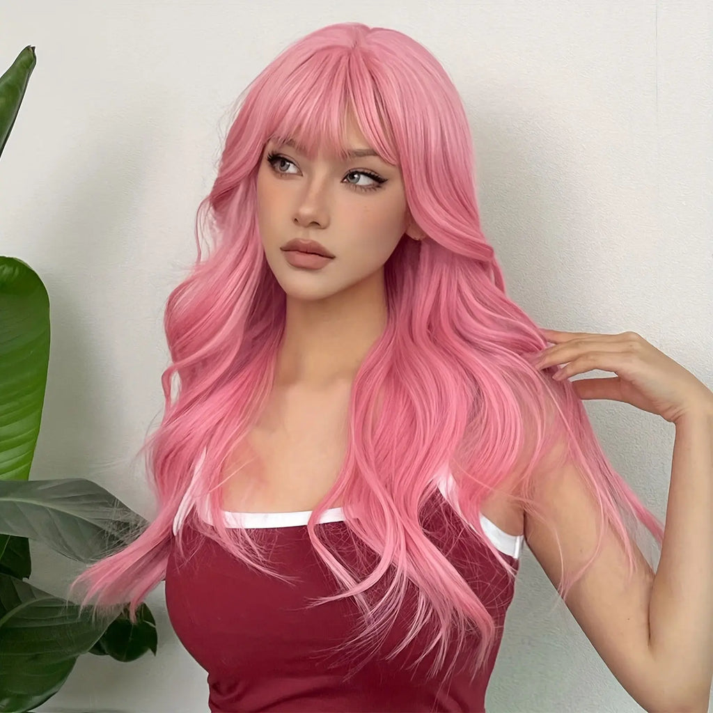 [Pink Hair Wigs] Pink 24 Inch Synthetic Fiber Hair Wigs With Bangs | Long Body Wave Hair Wigs For Women Girls | For Daily Party Cosplay Use Music Festival