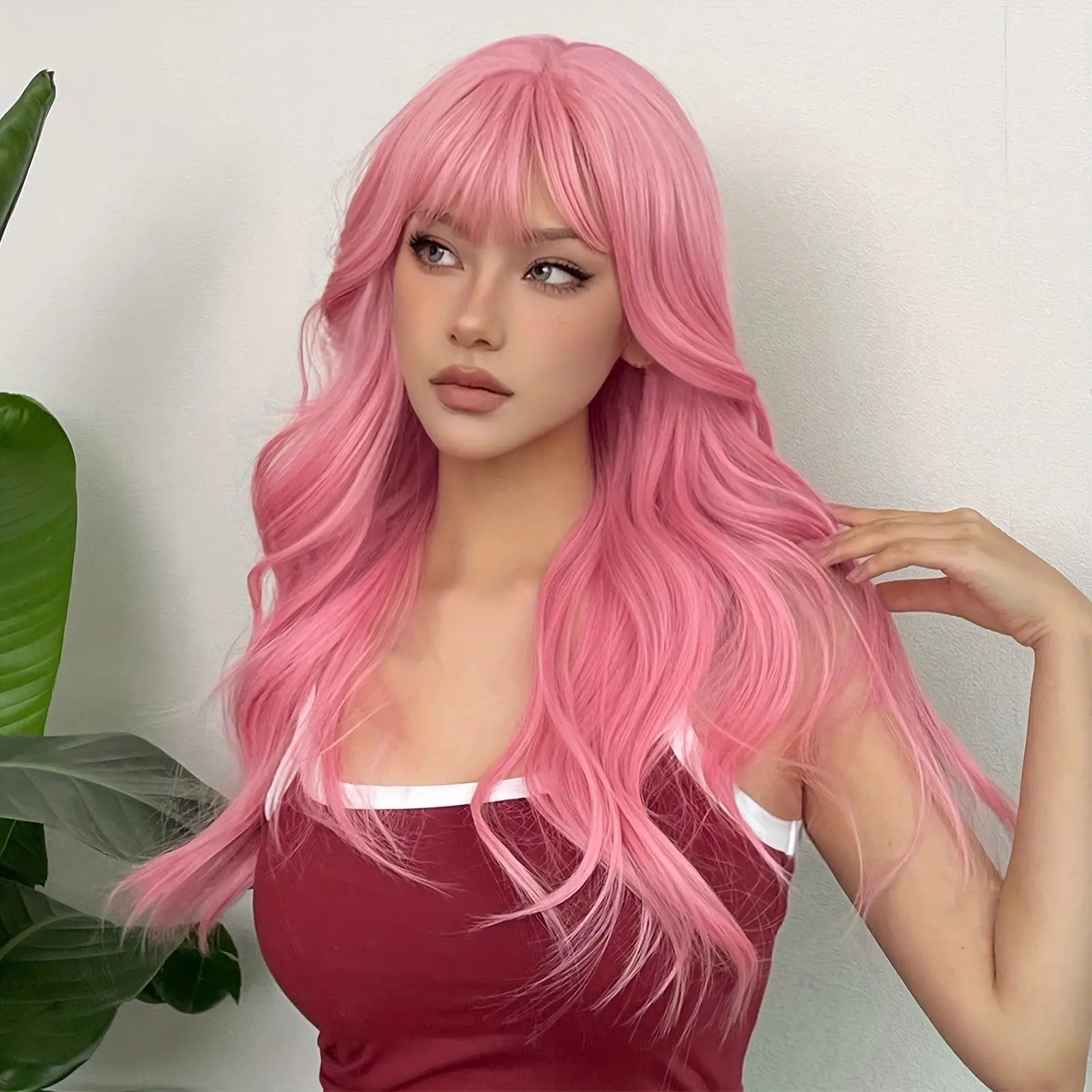 [Pink Hair Wigs] Pink 24 Inch Synthetic Fiber Hair Wigs With Bangs | Long Body Wave Hair Wigs For Women Girls | For Daily Party Cosplay Use Music Festival
