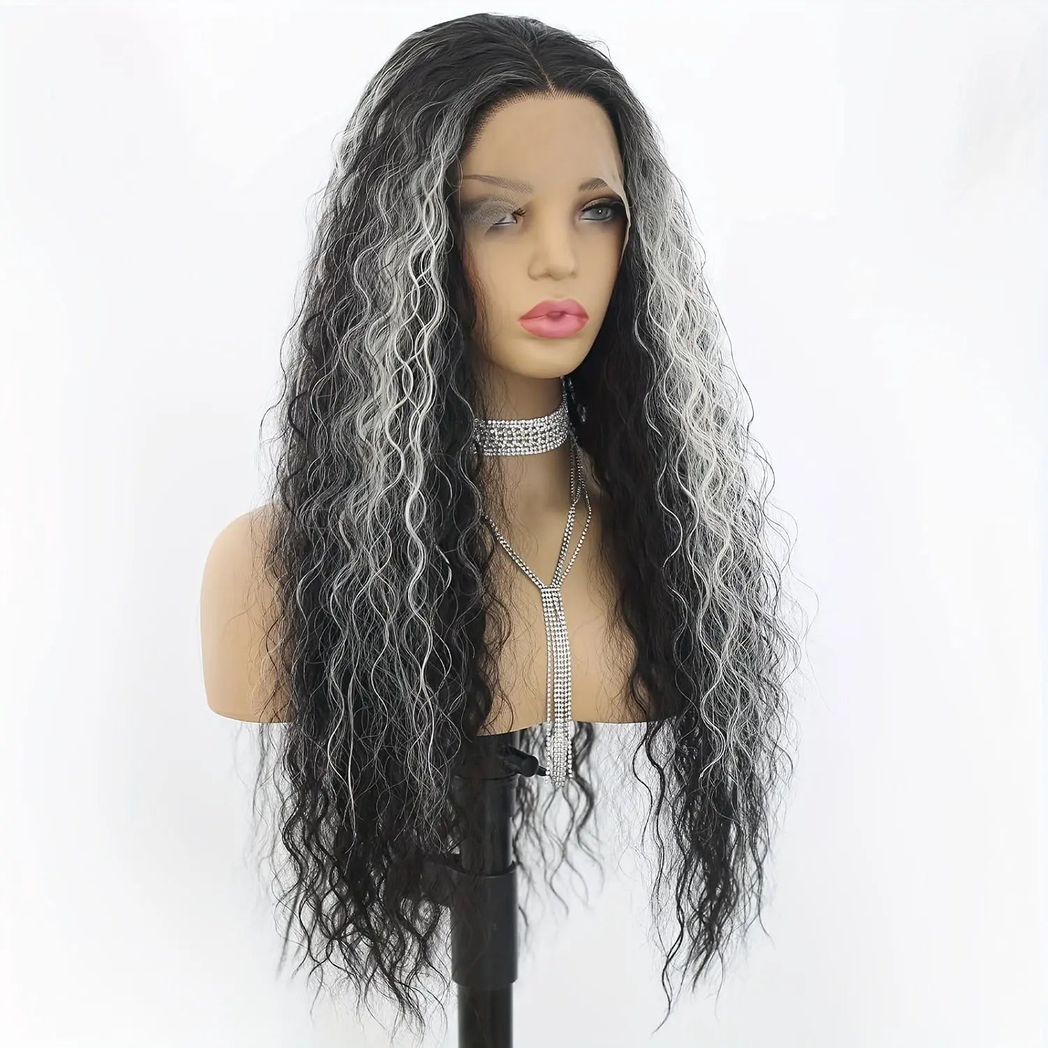 13*4 Lace Front Wigs White Highlights Lace Front Wig Long Deep Curly Wig Glueless Synthetic Heat Resistant Fiber Colored Lace Wig With Baby Hair Black and Grey Highlight Colorful Loose Curly Wigs for Women 26 Inch