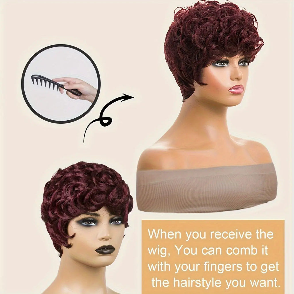 Short Curly Pixie Cut Wigs for with Bangs - Heat Resistant Synthetic Hair, 180% Density Curly Wave, Rose Net Cap, Natural Look Daily Wear & Special Occasions, Short Hair Wig