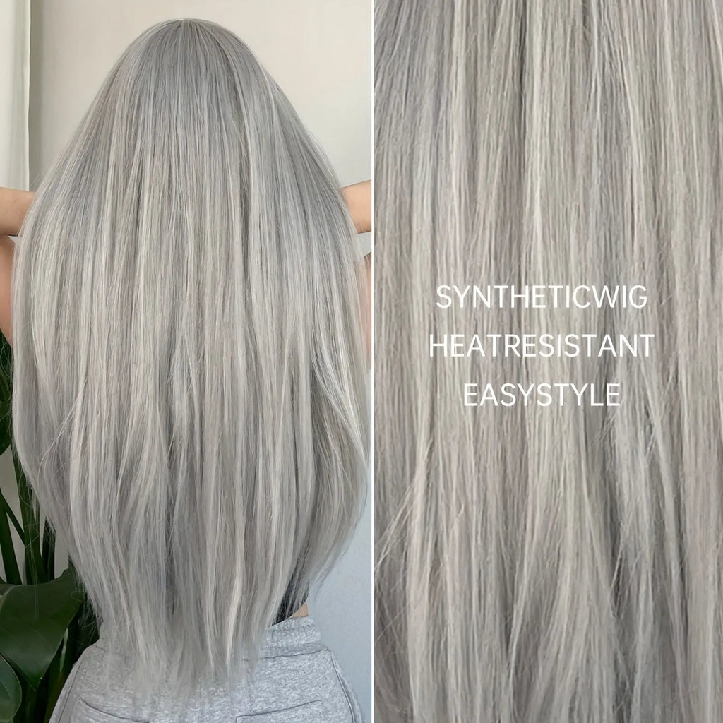 Silvery Grey 26 Inch Long Straight Hair Wigs With Bangs Heat Resistant Synthetic Hair Wigs For Women Girls For Cosplay Party Daily Taking Photos Use Music Festival