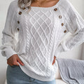 Texture Button Lantern Sleeve Sweater - Women's Round Neck Sweater Avivanastore