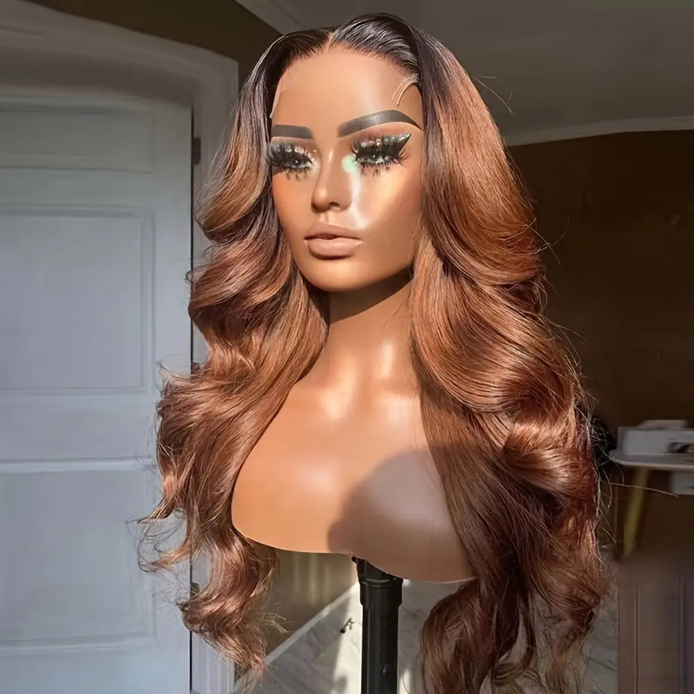 Loose Body Wave Lace Front Wig Auburn Blonde With Black Roots Synthetic Lace Front Wigs For Women Heat Resistant Fiber 13x4 Inch Lace Wigs Long Wavy Wigs For Daily Party Use