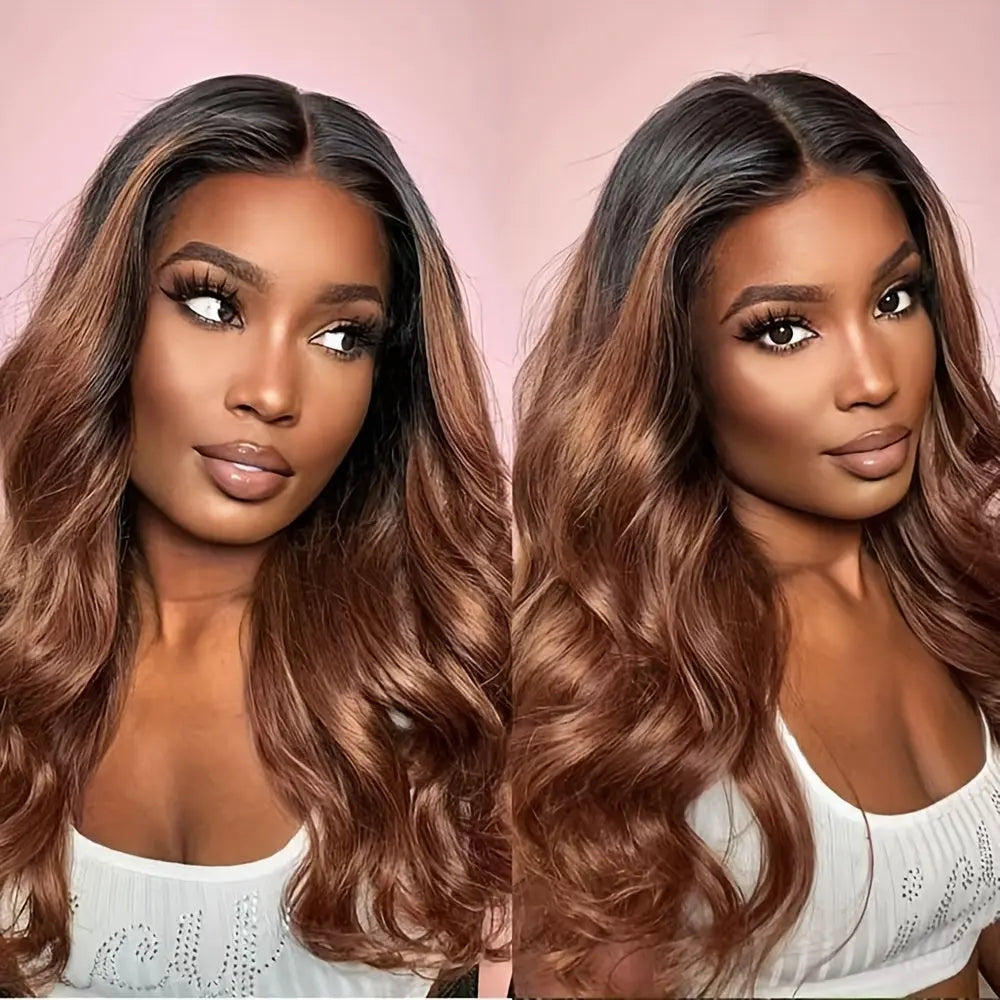 Loose Body Wave Lace Front Wig Auburn Blonde With Black Roots Synthetic Lace Front Wigs For Women Heat Resistant Fiber 13x4 Inch Lace Wigs Long Wavy Wigs For Daily Party Use