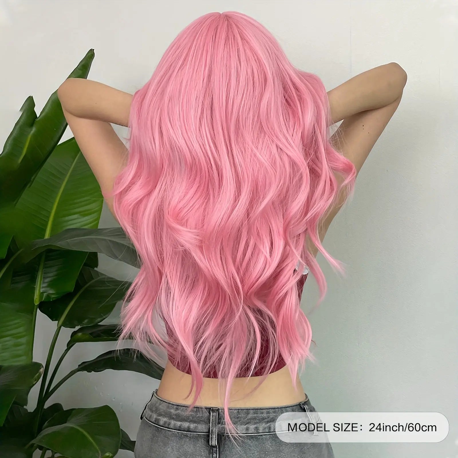 [Pink Hair Wigs] Pink 24 Inch Synthetic Fiber Hair Wigs With Bangs | Long Body Wave Hair Wigs For Women Girls | For Daily Party Cosplay Use Music Festival