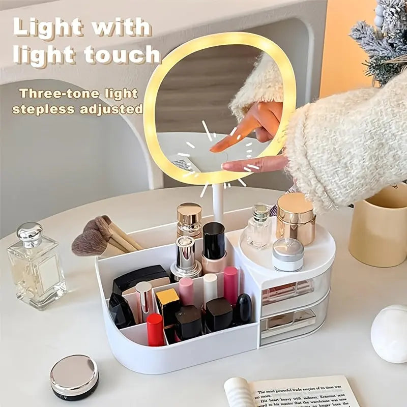 1 Cosmetic Storage Box with Mirror, Two Transparent Drawers, 5 Compartments, Equipped with LED Three-color Light Mirror, Very Suitable for Storing Lipsticks, Perfumes, Foundation Brushes, Face Masks, Multi-functional Dressing Avivanastore