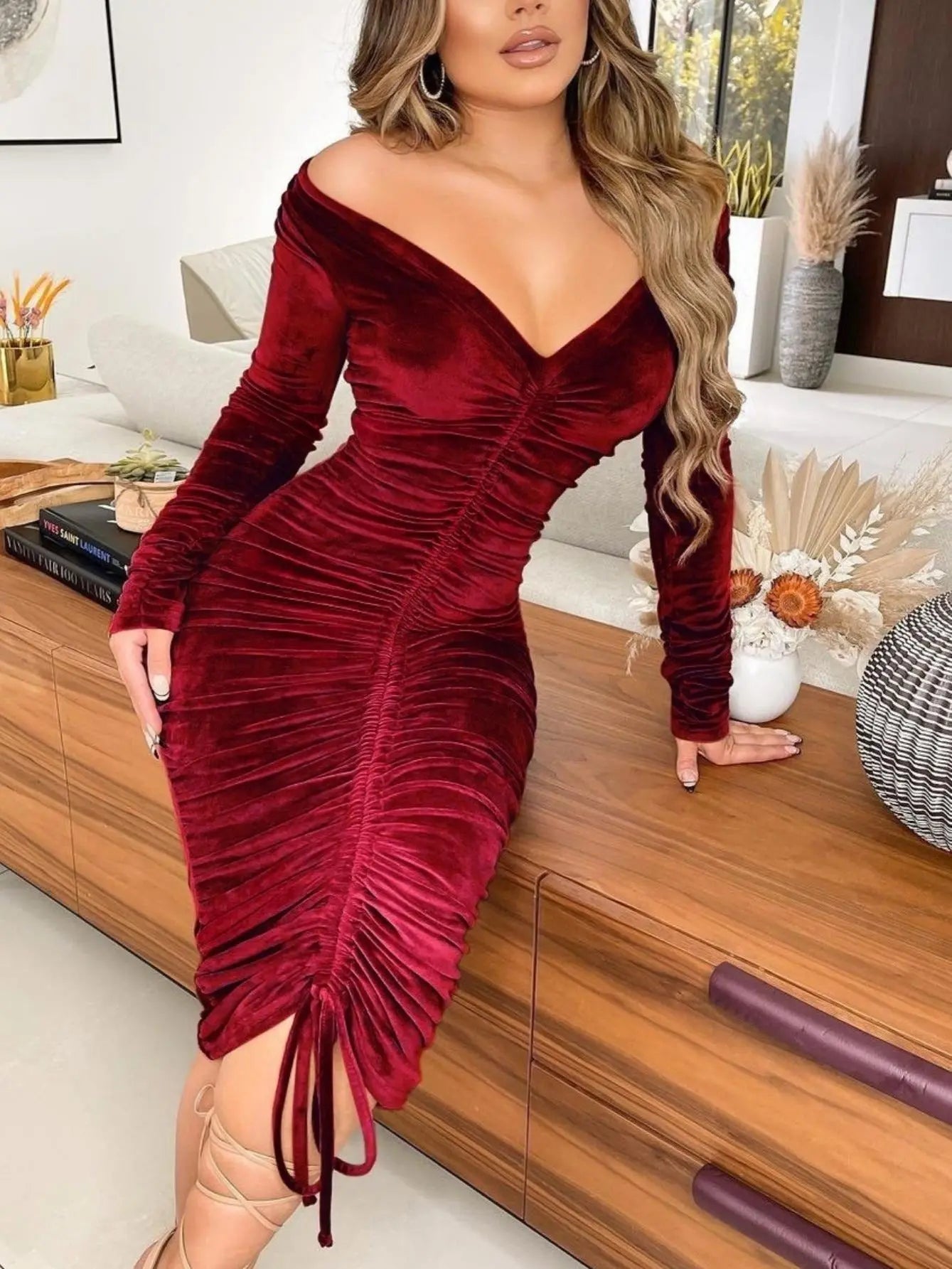 Women's Dresses V Neck Off The Shoulder Velvet Ruched Mid-length Dresses Avivanastore