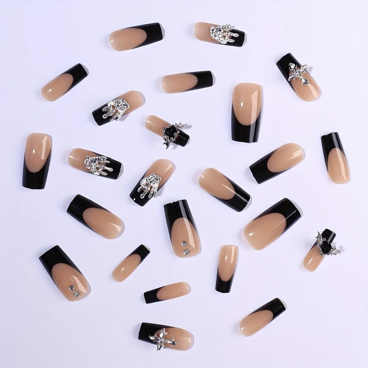 24 Pieces Of Long Square Dark Skull Sweetheart Bat Dark Knight Cool Girl Milk Bone Dark Finger Nails With 1 Piece Of Jelly Glue And 1 Piece Of File