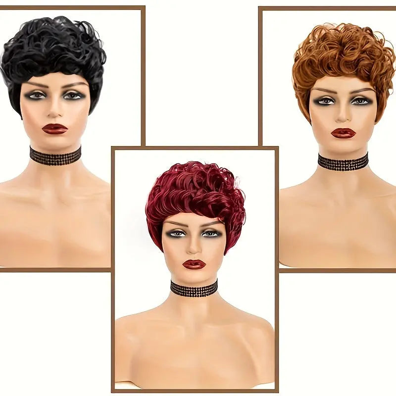 Short Curly Pixie Cut Wigs for with Bangs - Heat Resistant Synthetic Hair, 180% Density Curly Wave, Rose Net Cap, Natural Look Daily Wear & Special Occasions, Short Hair Wig