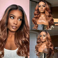 Loose Body Wave Lace Front Wig Auburn Blonde With Black Roots Synthetic Lace Front Wigs For Women Heat Resistant Fiber 13x4 Inch Lace Wigs Long Wavy Wigs For Daily Party Use