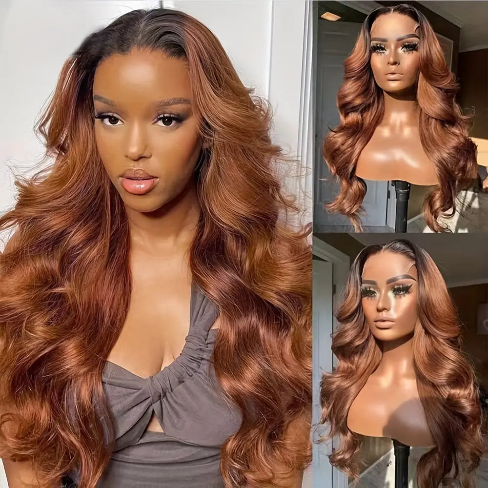 Loose Body Wave Lace Front Wig Auburn Blonde With Black Roots Synthetic Lace Front Wigs For Women Heat Resistant Fiber 13x4 Inch Lace Wigs Long Wavy Wigs For Daily Party Use