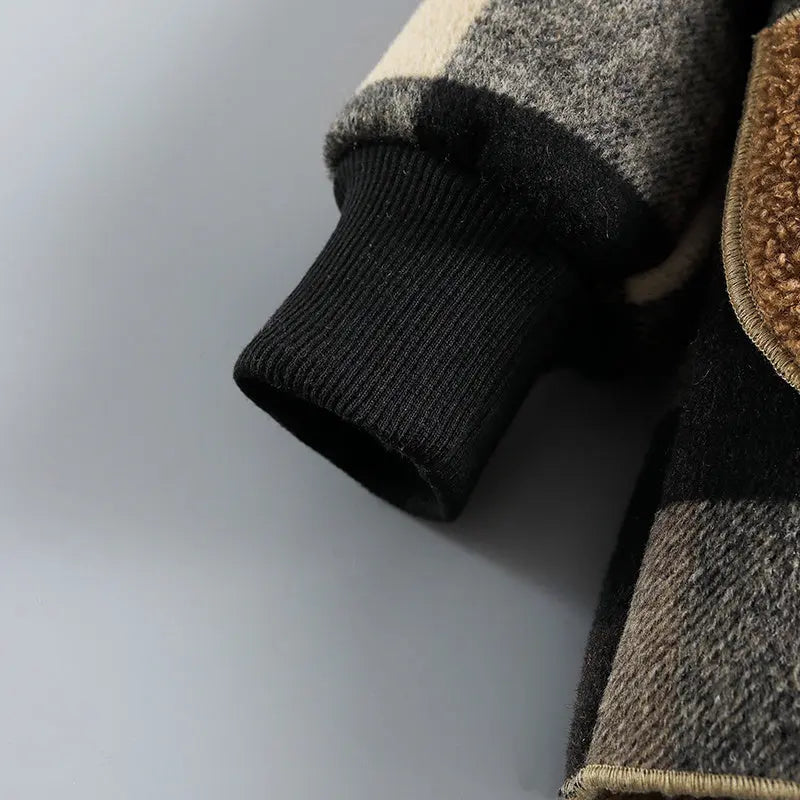 Boys' Long Sleeve Plaid Fleece-Lined Jacket with Button Front & Pockets - Cozy Fall/Winter Warmth, Casual Cardigan Collar, Brown/ Tartan Pattern, Machine Washable For Outdoor Play & Casual Attire, Winter Jacket For Boys, Fall Avivanastore