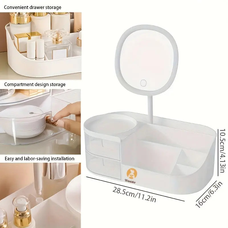 1 Cosmetic Storage Box with Mirror, Two Transparent Drawers, 5 Compartments, Equipped with LED Three-color Light Mirror, Very Suitable for Storing Lipsticks, Perfumes, Foundation Brushes, Face Masks, Multi-functional Dressing Avivanastore