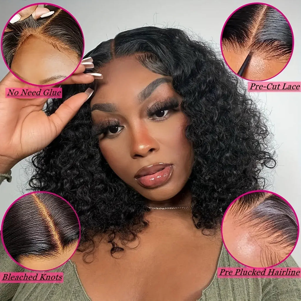 Put On and Go Glueless Bob Wig Short Curly Bob Wigs Lace Front Wigs Human Hair Lace Pre Cut Hairline Pre Plucked No Glue Lace Wig Natural Black Throw On & Go Wig
