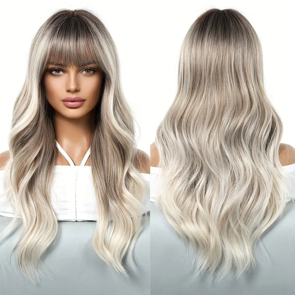 Woven Wigs Women's Basic Long Loose Wave Blonde Gradient Wig with Bangs, Tang Long Synthetic Fiber, Rose Net Cap, High Density 130% for Caucasian
