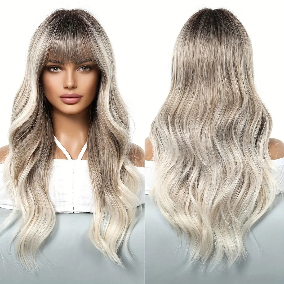 Woven Wigs Women's Basic Long Loose Wave Blonde Gradient Wig with Bangs, Tang Long Synthetic Fiber, Rose Net Cap, High Density 130% for Caucasian