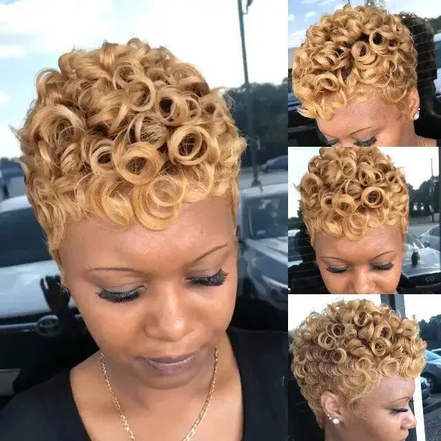 WIGERA Synthetic Short  Hairstyle  Curly Pixie Cut  Bob Wig Glond Brown/ Black/Wine Red Hair  Colored Wigs For Women