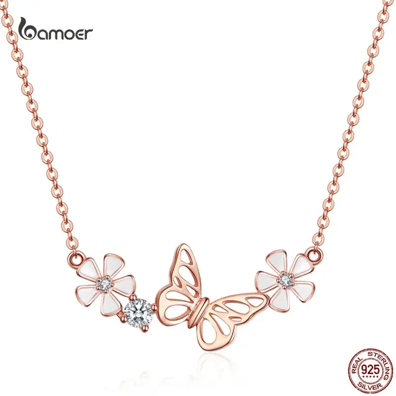 Bamoer 925 Sterling Silver K Gold Rose Earring Butterfly Necklace Jewelry Set Flowers for Women Ladies Luxury Elegant Wedding