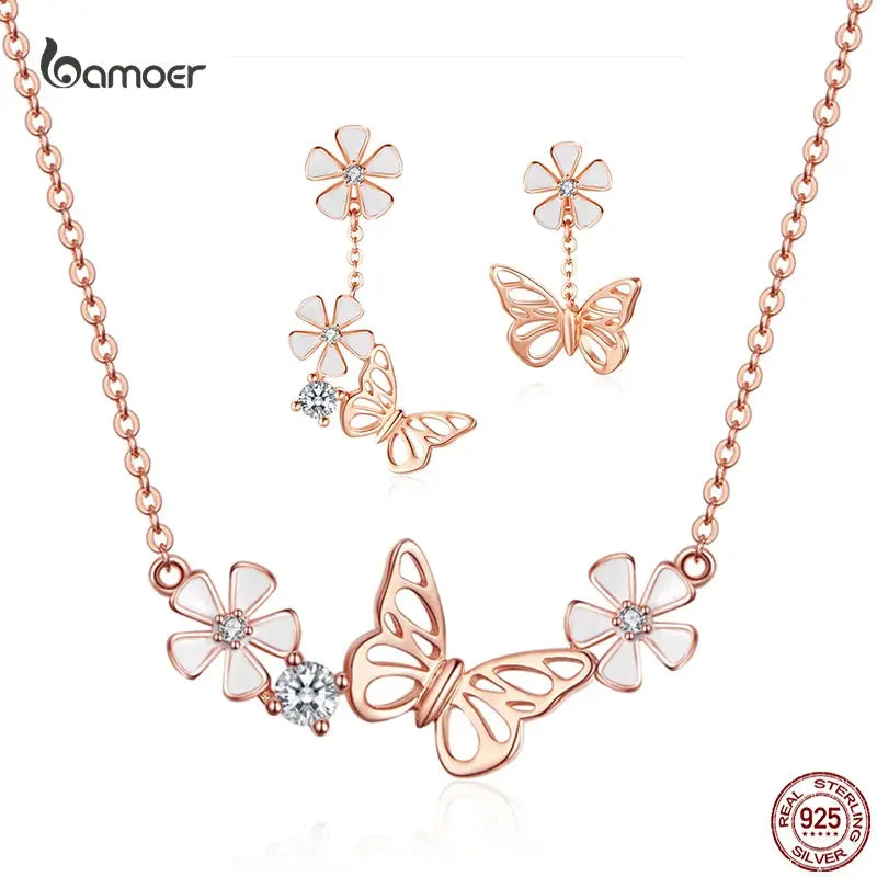 Bamoer 925 Sterling Silver K Gold Rose Earring Butterfly Necklace Jewelry Set Flowers for Women Ladies Luxury Elegant Wedding