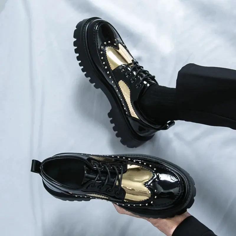 Men's Pu Leather Casual Formal Brogue Style Youth Round Toe Thick-Soled High Heels Mens Business Dress  Platform Shoes