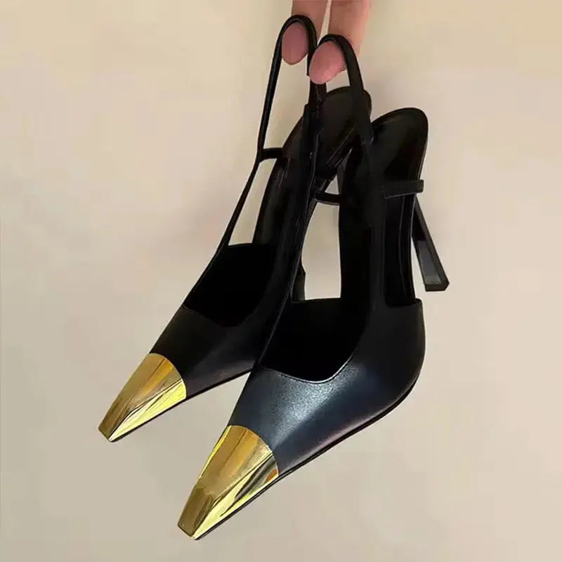 2025 Black Italian Style Women's Shoes Mature and Sexy Martel Toe Slingshot Sandals Elegant White-collar Metal Toe Cap