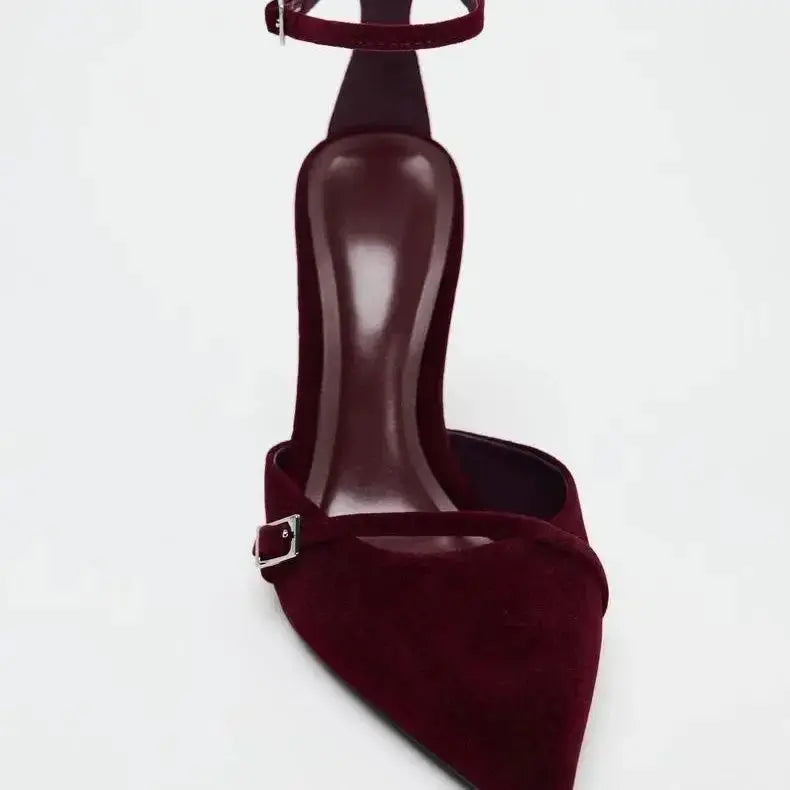 STYLE Women's Summer Single Shoe Velvet Effect Pointed Toe T-Shaped Buckle Strap Open Back Slim High Heels Elegant Shoes