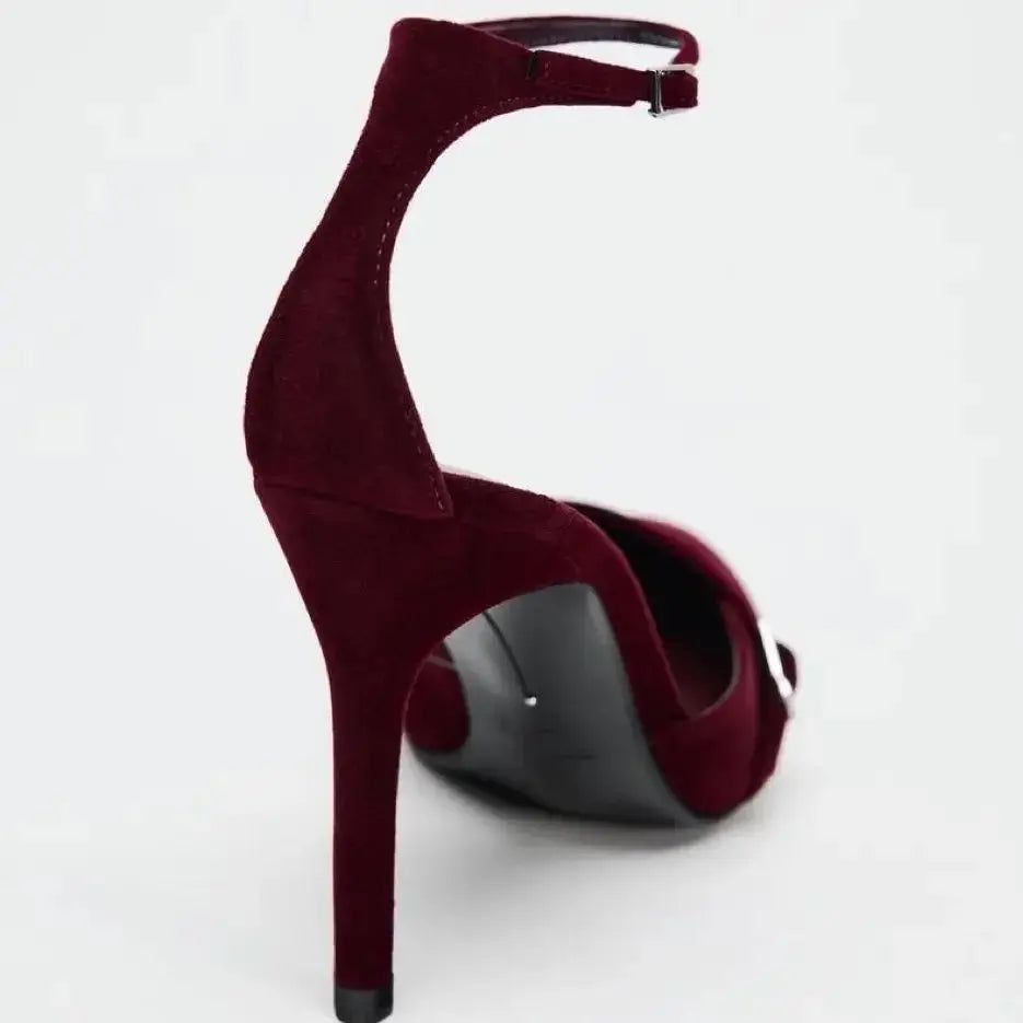 STYLE Women's Summer Single Shoe Velvet Effect Pointed Toe T-Shaped Buckle Strap Open Back Slim High Heels Elegant Shoes