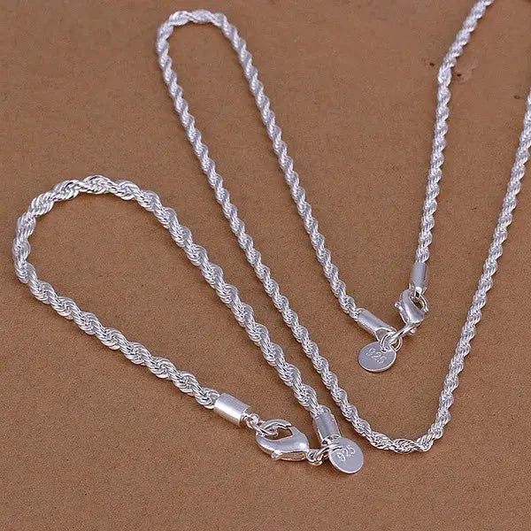 High quality 925 Sterling Silver 4MM Women Men chain Male Twisted Rope Necklace Bracelets Fashion Silver Jewelry Set