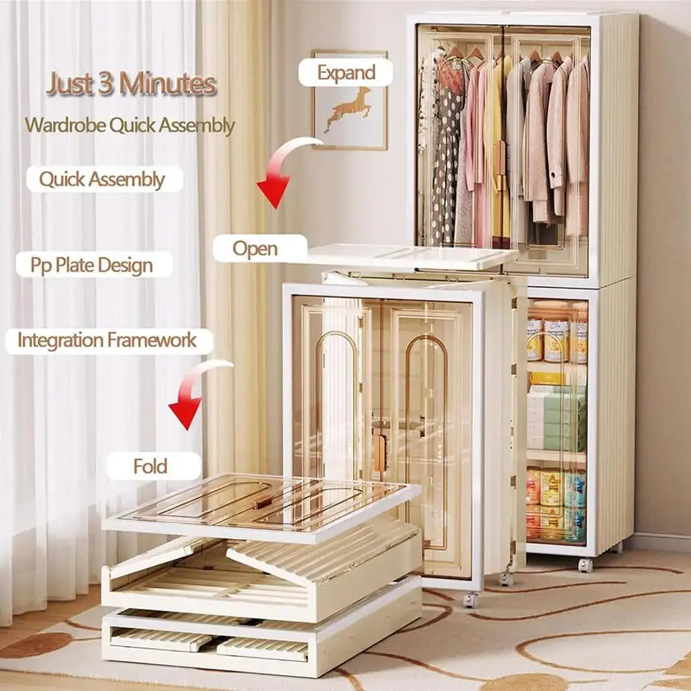 Foldable Plastic Wardrobe Closet with Removable Wheels Hanging Clothes Storage Organizer