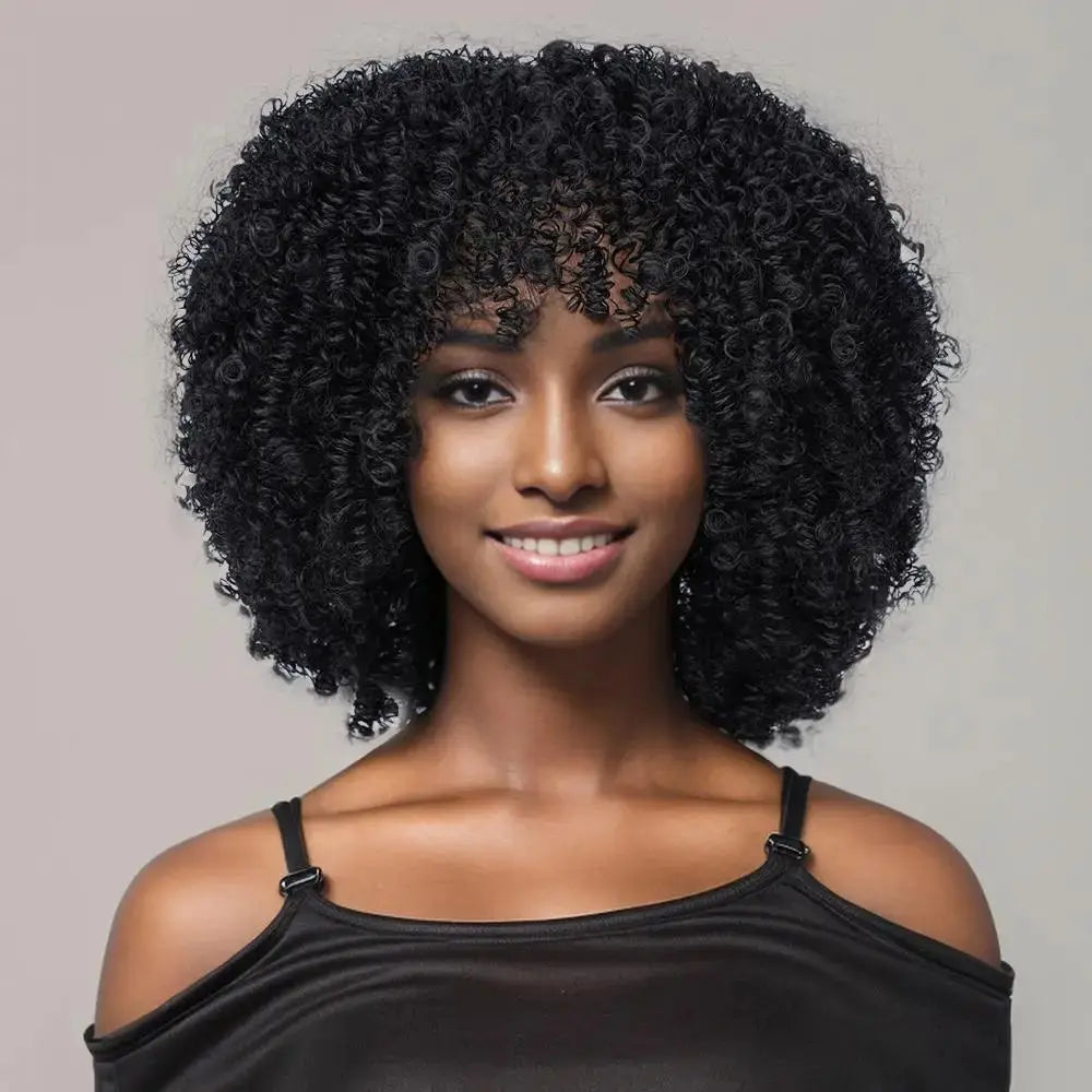 Heat-Resistant Short Synthetic African Curly Wig with Bangs Black Elastic Curls Features Short Bob Style for Women