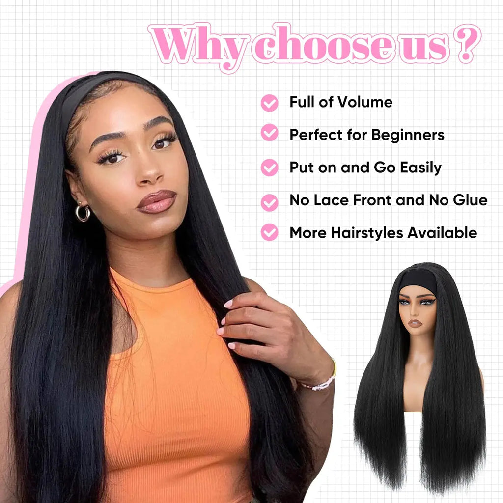 SARLA Wholesale YaKi Straight Headband Wigs for Black Woman Glueless Headband Wig Synthetic Wig Heat Resistant for Women Hair