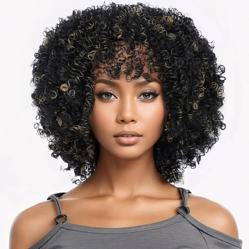 Heat-Resistant Short Synthetic African Curly Wig with Bangs Black Elastic Curls Features Short Bob Style for Women