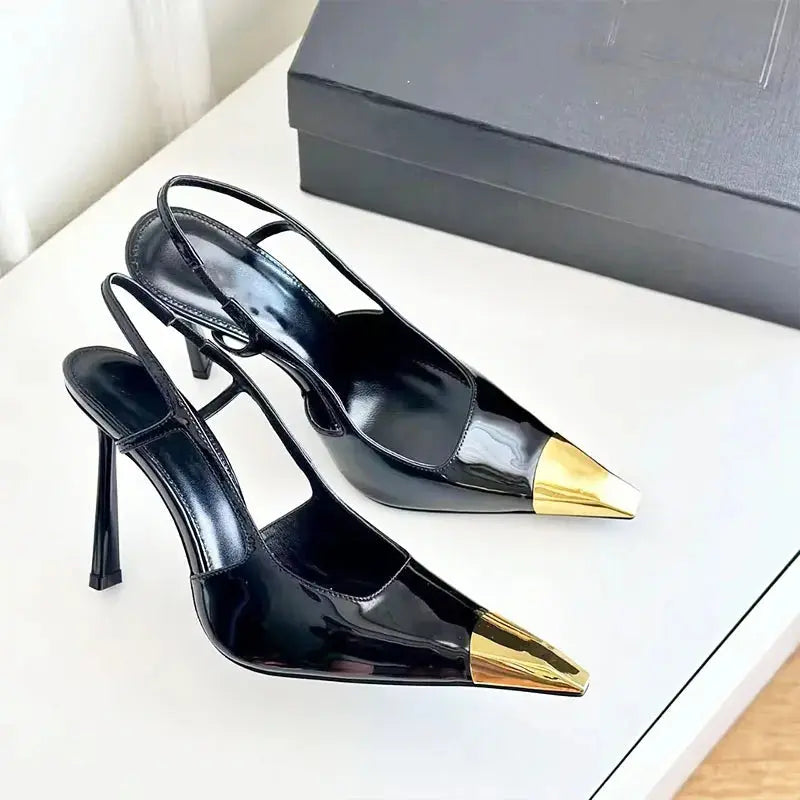 2025 Black Italian Style Women's Shoes Mature and Sexy Martel Toe Slingshot Sandals Elegant White-collar Metal Toe Cap