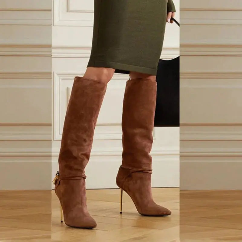 Big Size EU 46 Suede Women Pointy Toe Knee High Boots Stiletto Metal Lock Decor Long Booties High Metal Thin Heels Shoes
