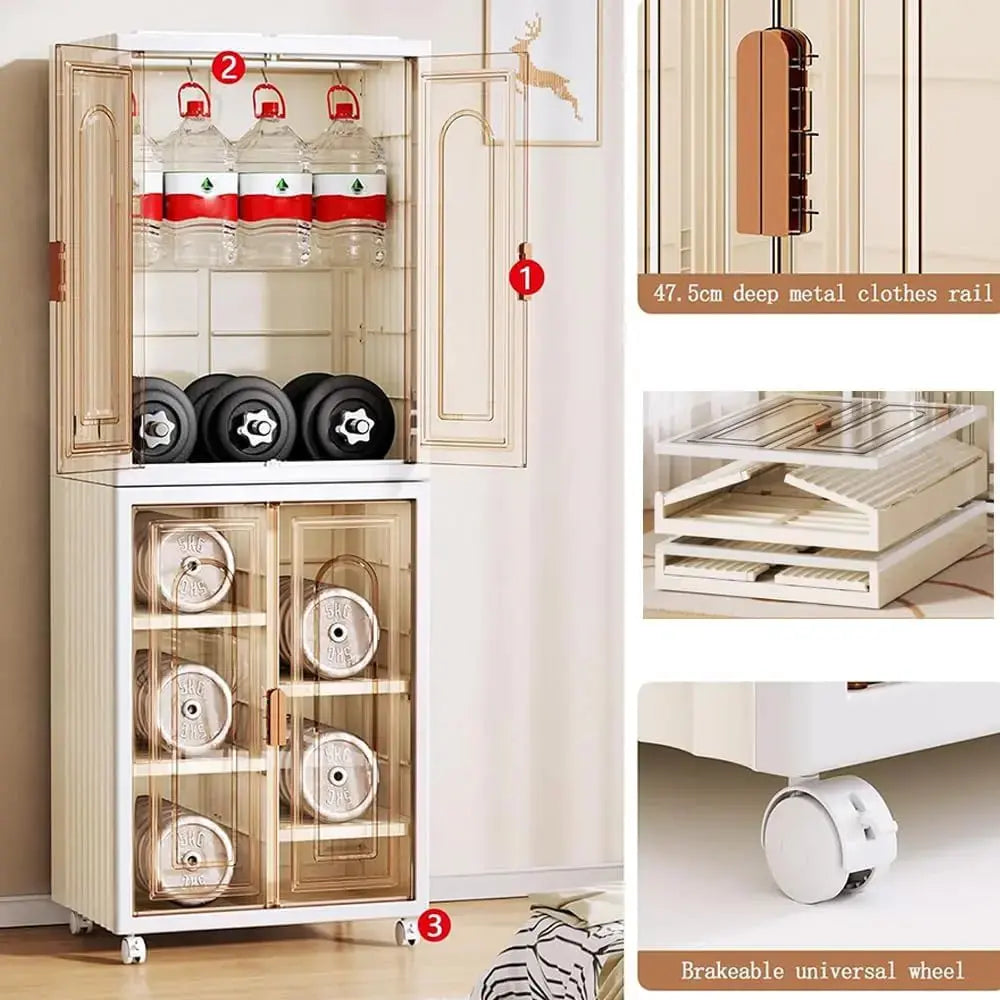 Foldable Plastic Wardrobe Closet with Removable Wheels Hanging Clothes Storage Organizer