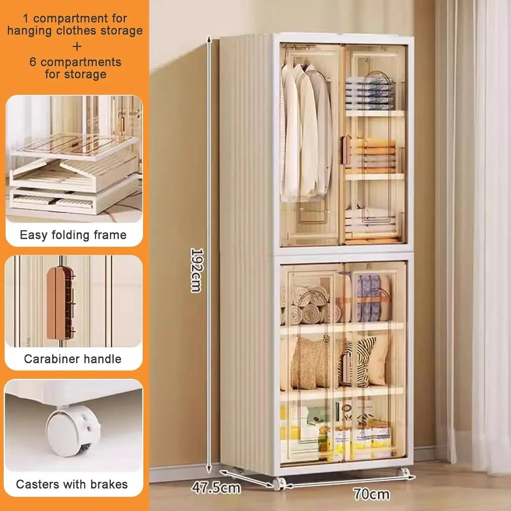 Foldable Plastic Wardrobe Closet with Removable Wheels Hanging Clothes Storage Organizer