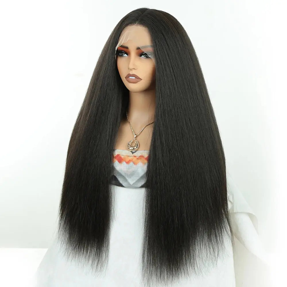 High Quality Yaki Straight 13*4 Synthetic Lace Front Wig for Women High Temperature Fiber Black Long Curly Synthetic Wig
