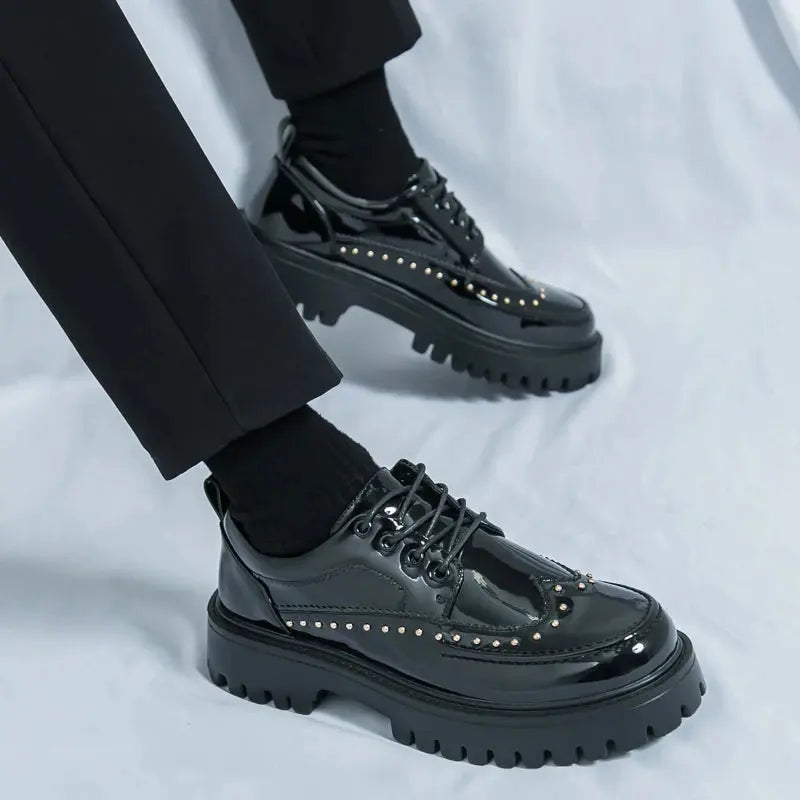 Men's Pu Leather Casual Formal Brogue Style Youth Round Toe Thick-Soled High Heels Mens Business Dress  Platform Shoes