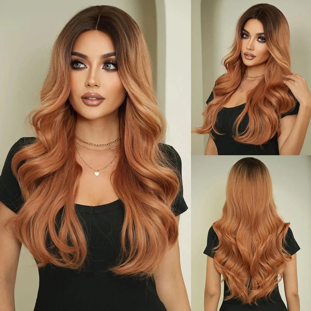 Ombre Strawberry Blond Long French Curl Wigs for Women Middle Part Body Wave Wig Natural Heat Resistant Synthetic Curly Peluca