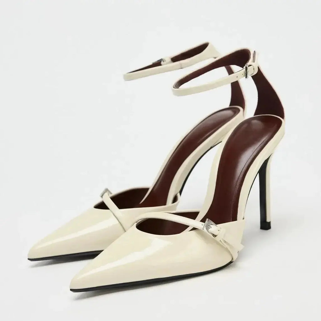 STYLE Women's Summer Single Shoe Velvet Effect Pointed Toe T-Shaped Buckle Strap Open Back Slim High Heels Elegant Shoes