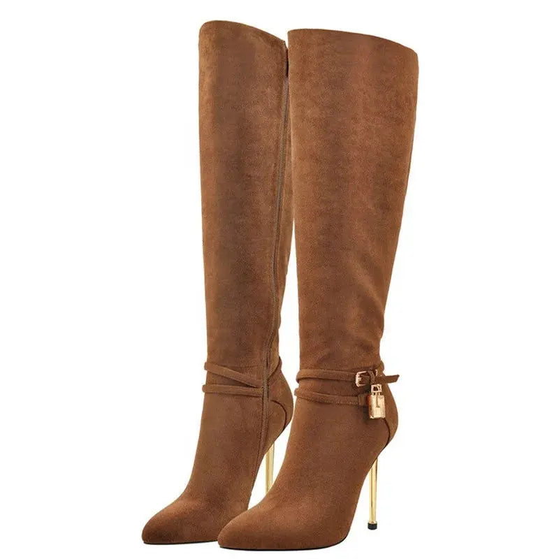 Big Size EU 46 Suede Women Pointy Toe Knee High Boots Stiletto Metal Lock Decor Long Booties High Metal Thin Heels Shoes