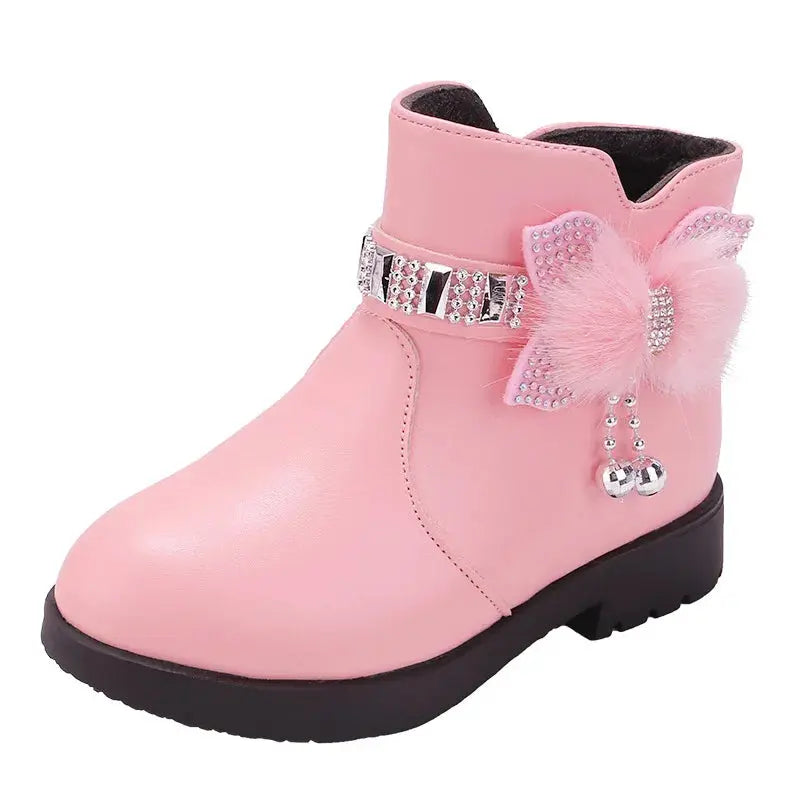 Fashion Lovely Children Shoes Girl Warm PU Leather Boots Baby Bow Cute Cotton Shoes Plush Winter Student Non Slip Kids Boots