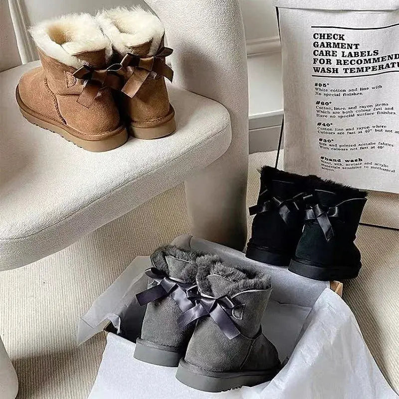 Winter Wool 2026 Snow Boots Women's Fur Upper EVA Midsole Cotton Lining Breathable Warm Round Toe Low-barrel Shoes Bow Thickened